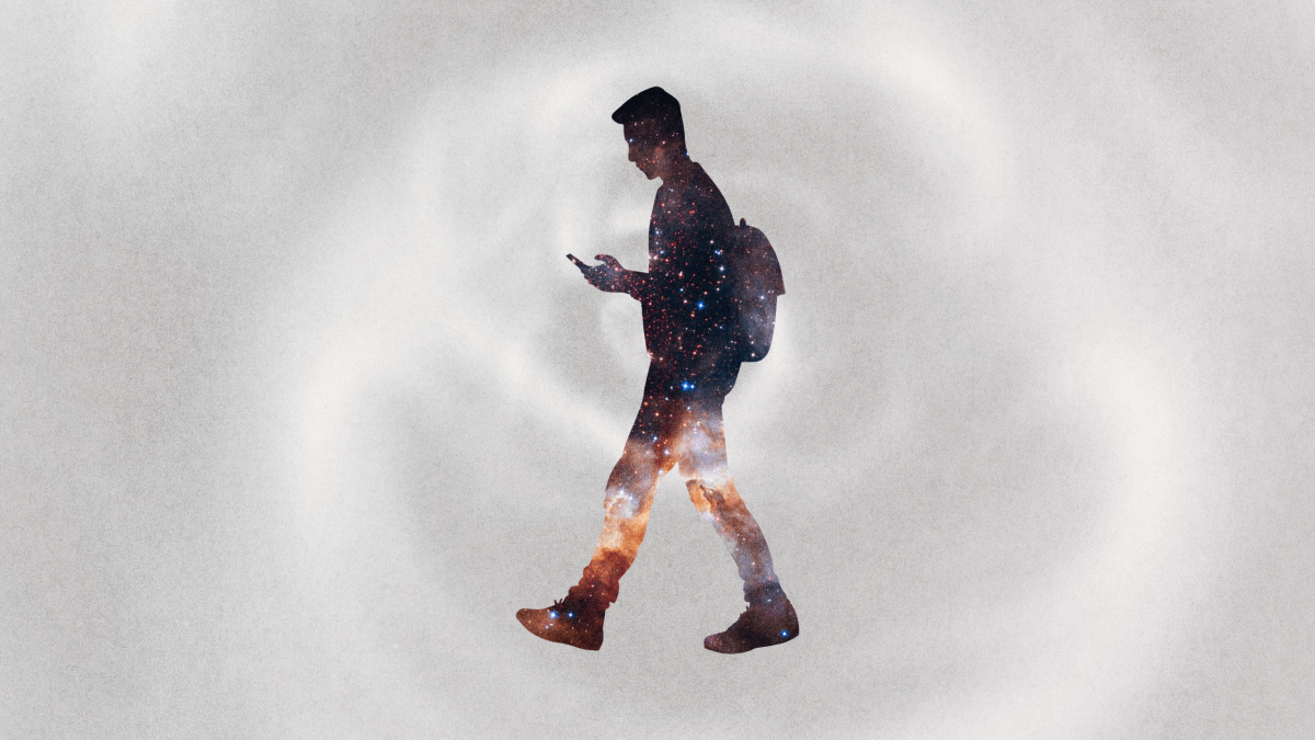 Silhouette of a person with a backpack looking at a phone or book, filled with a galaxy pattern, on a light, swirling background.
