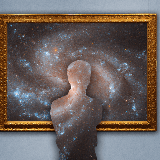 A silhouette of a person blends into an image of a galaxy displayed in a gold ornate frame on a gray wall.