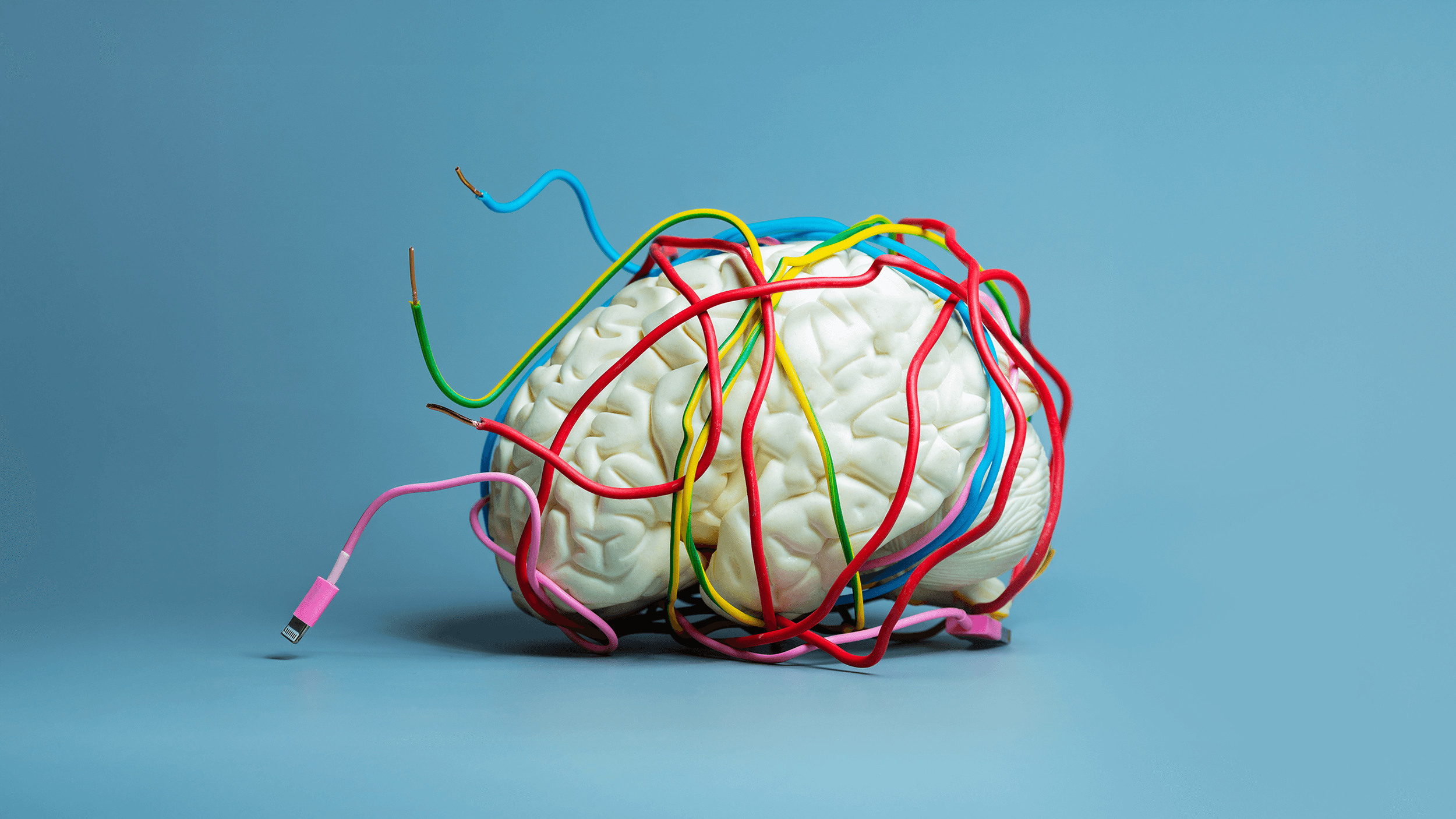 A white brain model is wrapped in colorful electrical cables, set against a plain blue background.