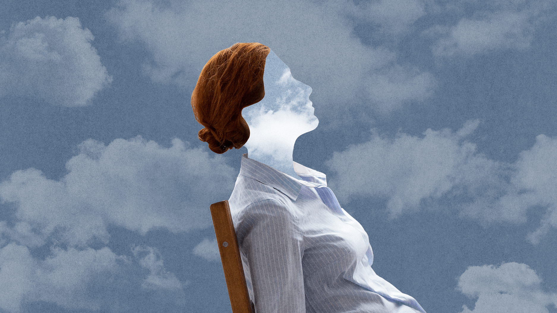 A woman with a transparent, cloud-filled silhouette sits in profile on a wooden chair against a cloudy sky background, capturing the quiet wonders of daydreaming.