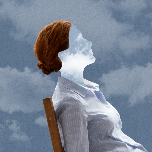 A woman with a transparent, cloud-filled silhouette sits in profile on a wooden chair against a cloudy sky background, capturing the quiet wonders of daydreaming.