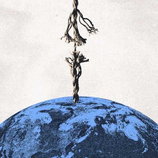 A frayed rope descends from above and is attached to the top of a blue Earth, symbolizing fragility or tension.