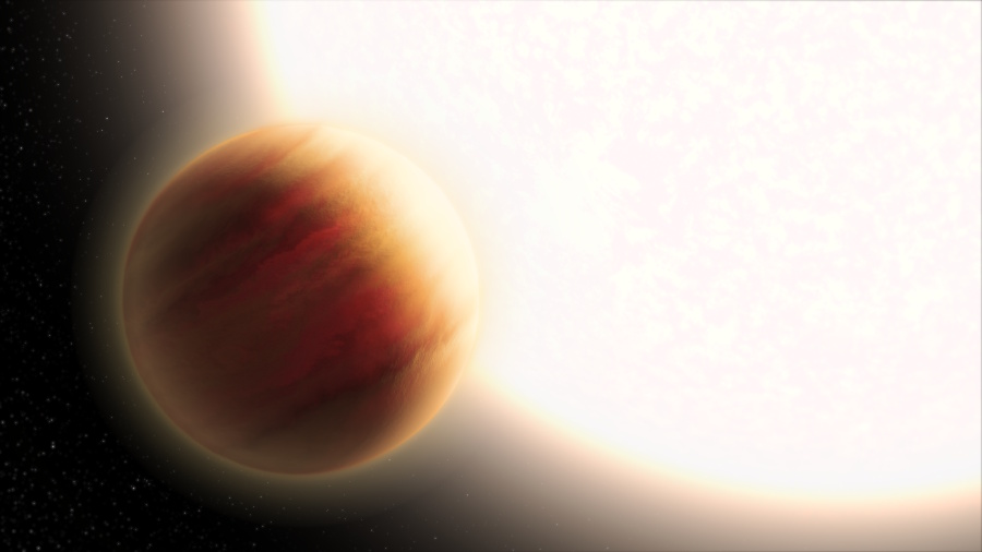 Illustration of a large, reddish-brown planet orbiting very close to a bright, glowing star against a dark space background.