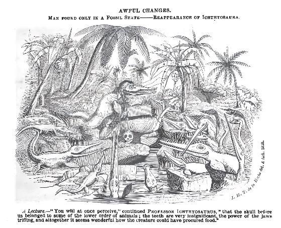 Black and white illustration of prehistoric reptiles, including Ichthyosaurus, among palm trees and ferns, with a human skull on rocks in the center foreground.