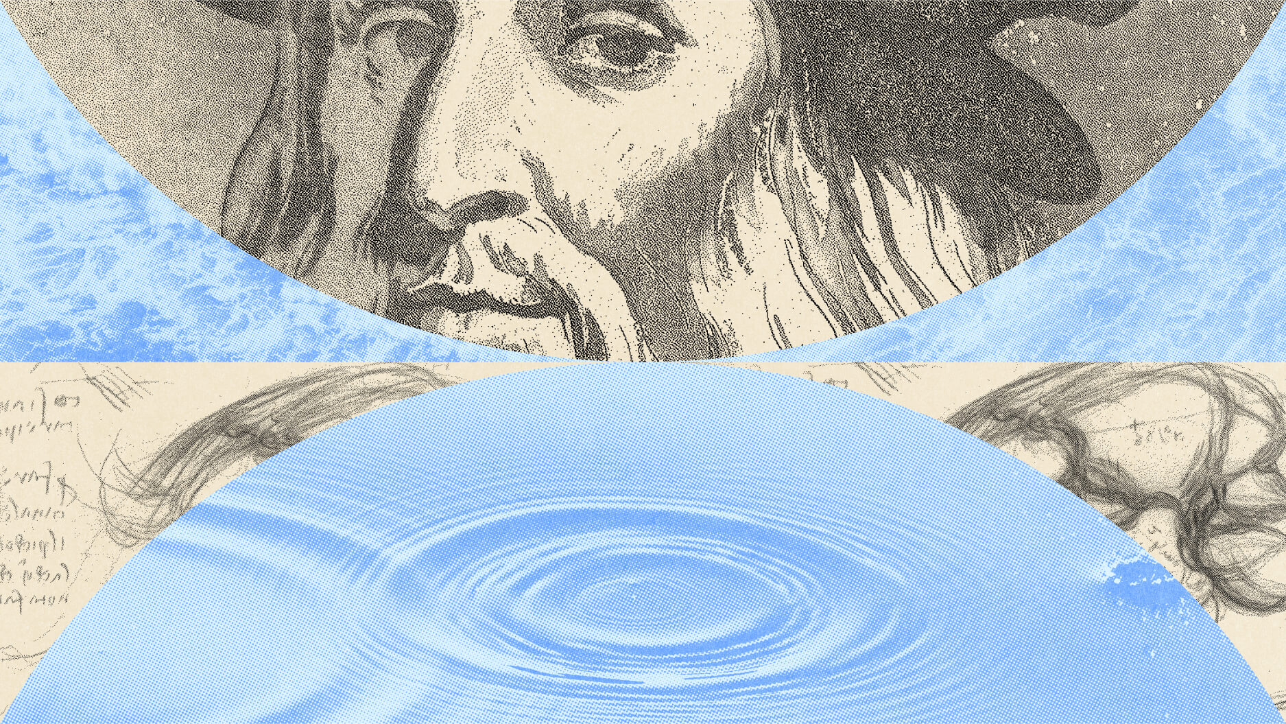 A split image features a sketched portrait of a bearded man above, with rippling water merging into Leonardo Da Vinci-style sketches below.