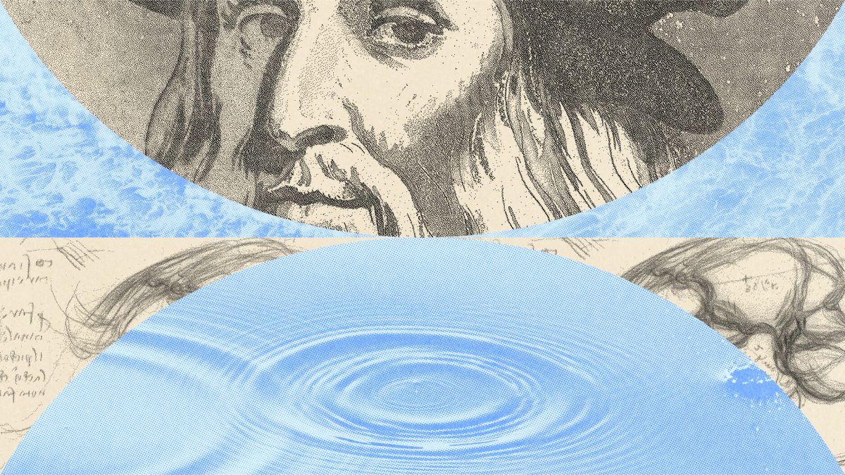 A split image features a sketched portrait of a bearded man above, with rippling water merging into Leonardo Da Vinci-style sketches below.