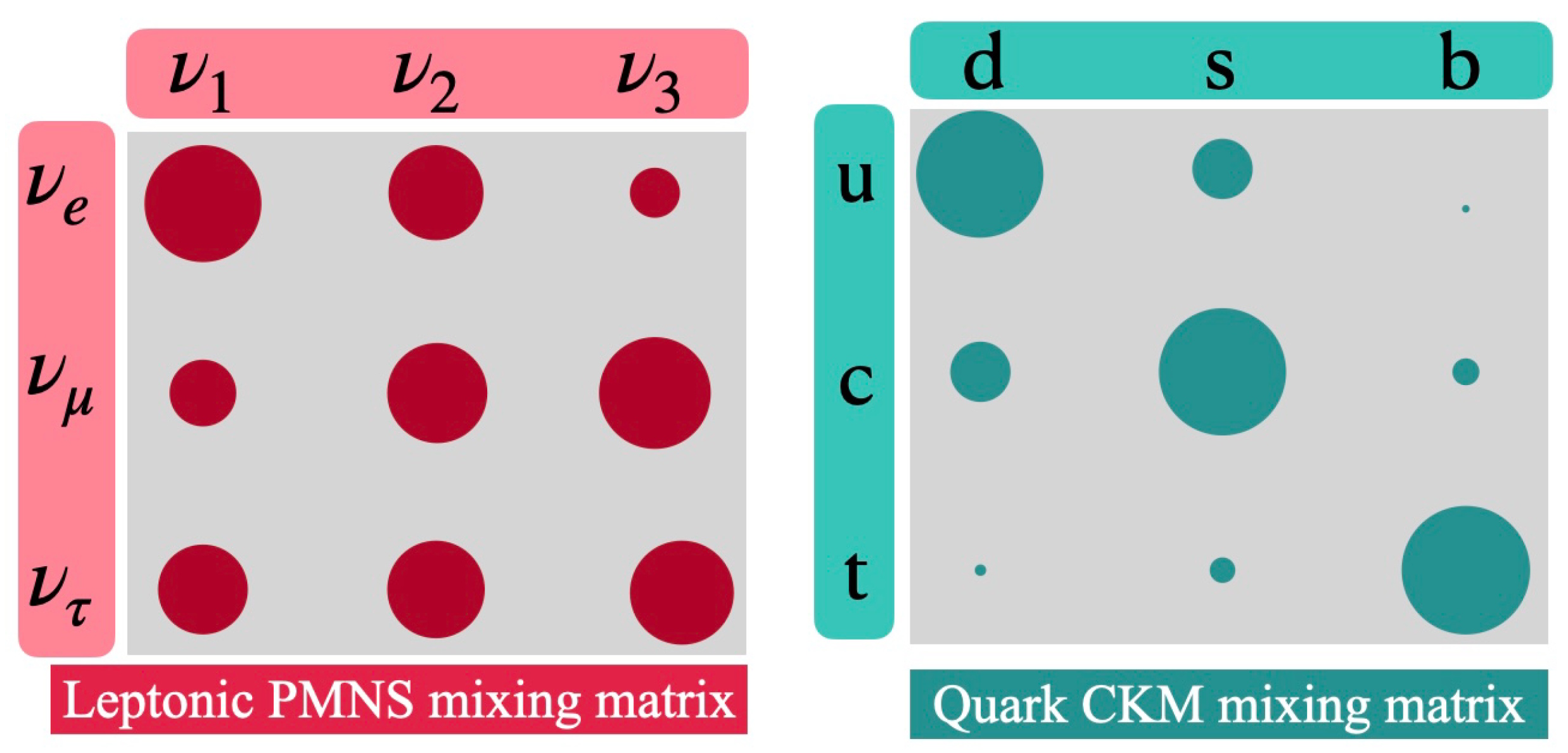 Side-by-side grid plots compare the relative strengths of elements in the Leptonic PMNS and Quark CKM mixing matrices, represented by circle sizes&mdash;highlighting how neutrino mass, smaller than quark mass, relates to mixing patterns.
