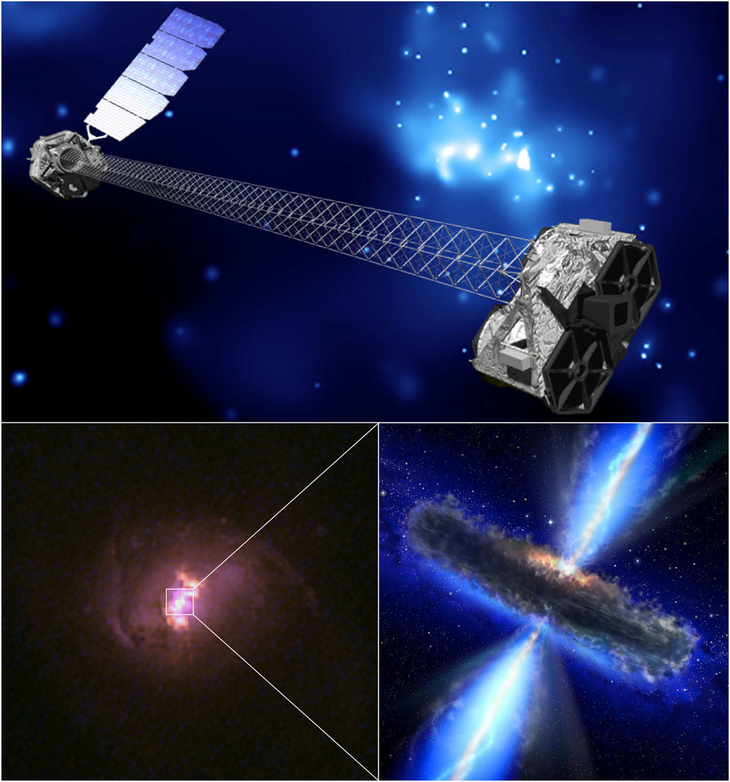 A satellite in space, an image of a galaxy with a zoomed-in bright core, and an artistic illustration of a black hole with glowing material.
