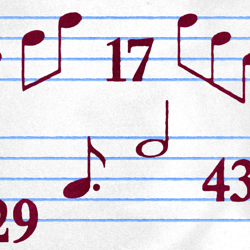 Musical notes and prime numbers, including 2, 5, 17, 29, and 43, are arranged on a staff with blue horizontal lines on a light background, blending mathematics with music.