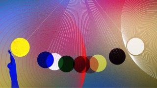 Abstract illustration of a figure reaching for a yellow sphere on the left, with colored overlapping circles and concentric arcs—evoking themes of physics and consciousness—set against a vibrant multicolored gradient background.