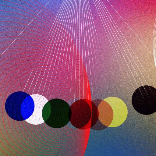 Abstract illustration of a figure reaching for a yellow sphere on the left, with colored overlapping circles and concentric arcs—evoking themes of physics and consciousness—set against a vibrant multicolored gradient background.