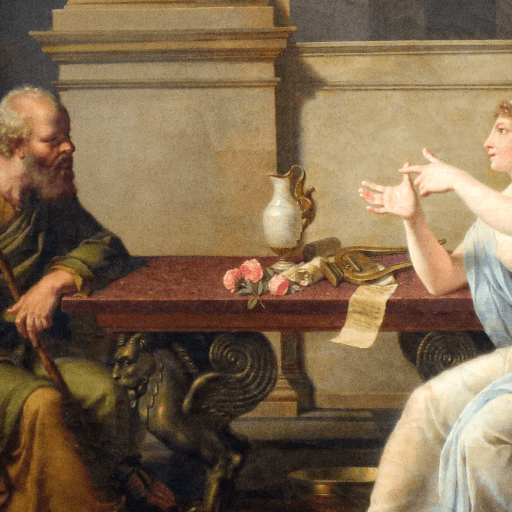 A man and a woman in ancient attire sit at a table indoors, engaged in conversation; beside the jug, roses, and scroll lies a small straw man figure.
