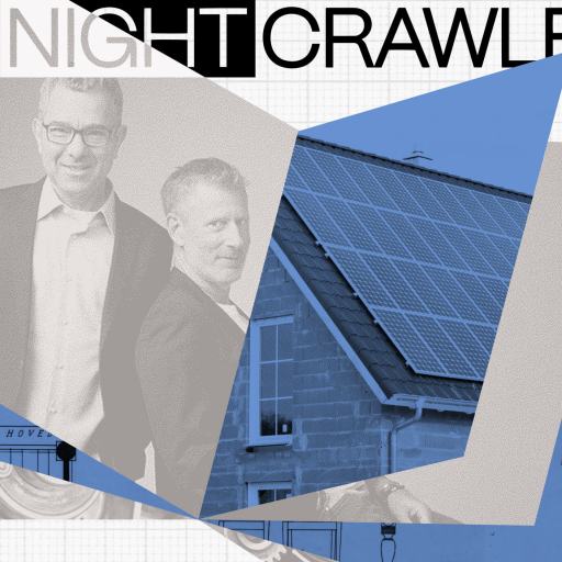 Two men in suits stand in front of a graphic collage featuring technical drawings and a building with solar panels, overlaid with the text "The Nightcrawler," evoking innovation that stands the test of stellar age.