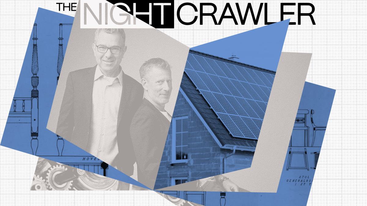 Two men in suits stand in front of a graphic collage featuring technical drawings and a building with solar panels, overlaid with the text "The Nightcrawler," evoking innovation that stands the test of stellar age.