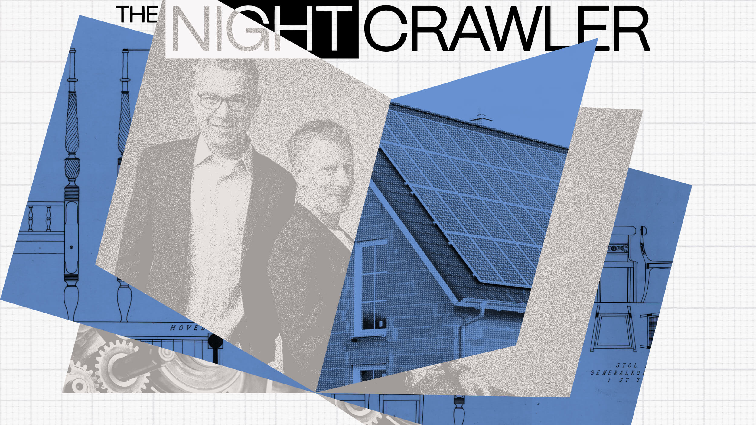 Two men in suits stand in front of a graphic collage featuring technical drawings and a building with solar panels, overlaid with the text "The Nightcrawler," evoking innovation that stands the test of stellar age.