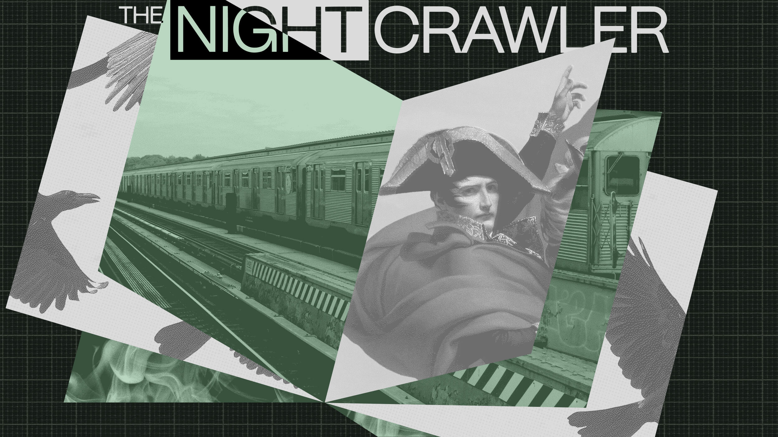 A collage featuring a subway train, a person in elaborate costume, stylized crows, and the text "The Nightcrawler" on a dark grid background explores the myth of leadership in an urban landscape.
