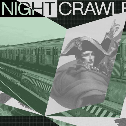 A collage featuring a subway train, a person in elaborate costume, stylized crows, and the text "The Nightcrawler" on a dark grid background explores the myth of leadership in an urban landscape.