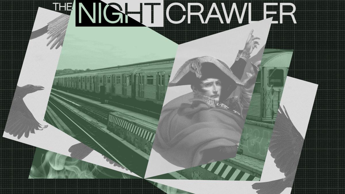 A collage featuring a subway train, a person in elaborate costume, stylized crows, and the text "The Nightcrawler" on a dark grid background explores the myth of leadership in an urban landscape.