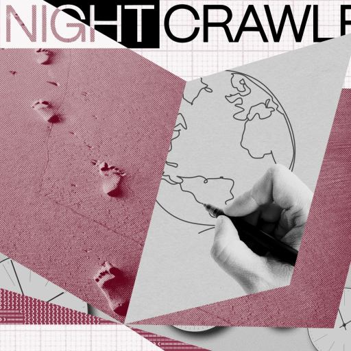 Collage with clocks, footprints in sand, a hand drawing a world map, binary code, and the text "The Nightcrawler" at the top—an evocative piece rethinking civilization and our journey through time.