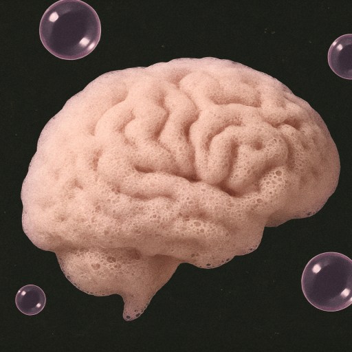 A foam structure shaped like a human brain is surrounded by translucent bubbles on a black background.