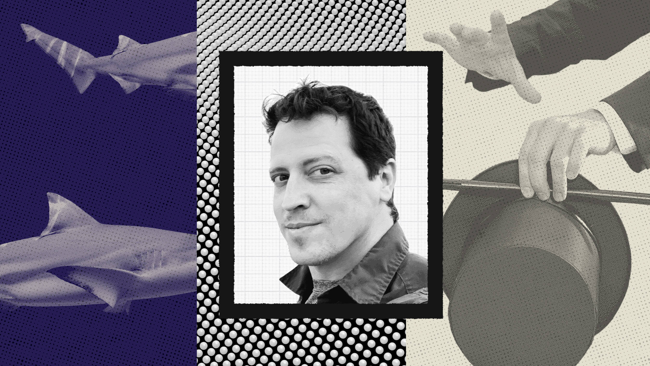 Black-and-white portrait of Andrew Mayne centered on a collage background featuring sharks on the left and a hand holding a magician’s hat and wand on the right.