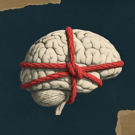 An illustration of a human brain tightly bound with red rope, set against a textured background with blue and brown patches.