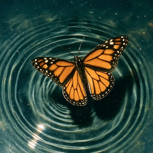 A monarch butterfly with orange and black wings rests on water, creating a ripple pattern around it.