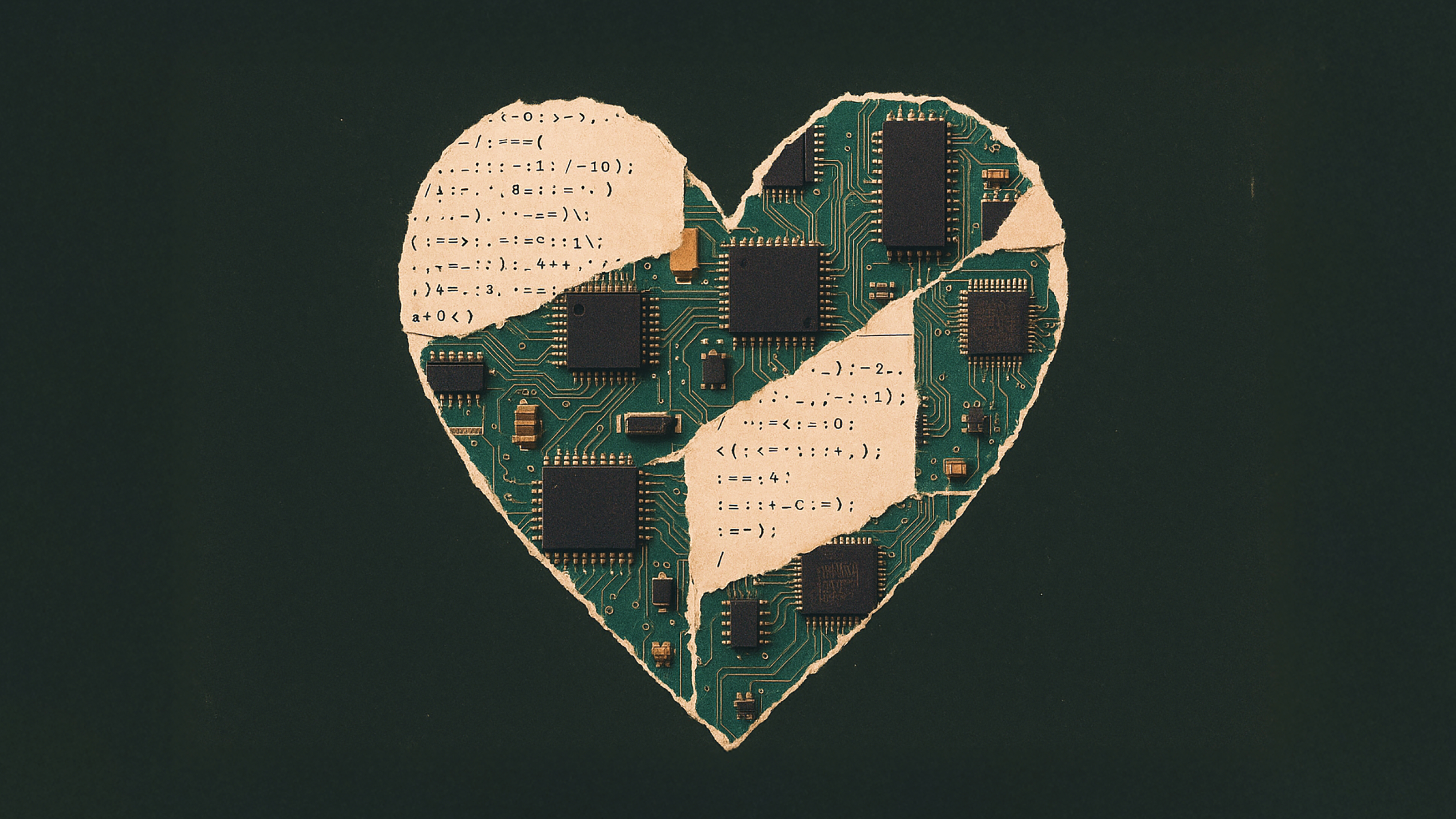 A heart shape is cut out of paper, revealing a circuit board with computer chips and code underneath.