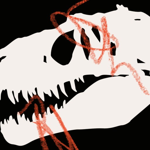 A white dinosaur skull silhouette on a black background with red, rough, scribbled lines evokes the intrigue of the dinosaur myth.