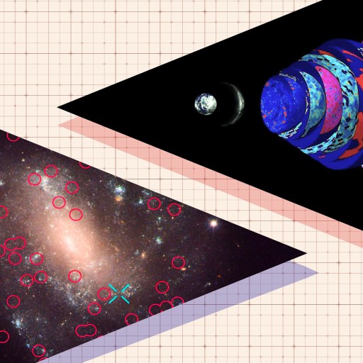 A composite image showing a galaxy with red circles marking stars on the left and multicolored expanding rings with Earth on the right, all set against a grid background, illustrating concepts like Hubble tension studied by Wendy Freedman.