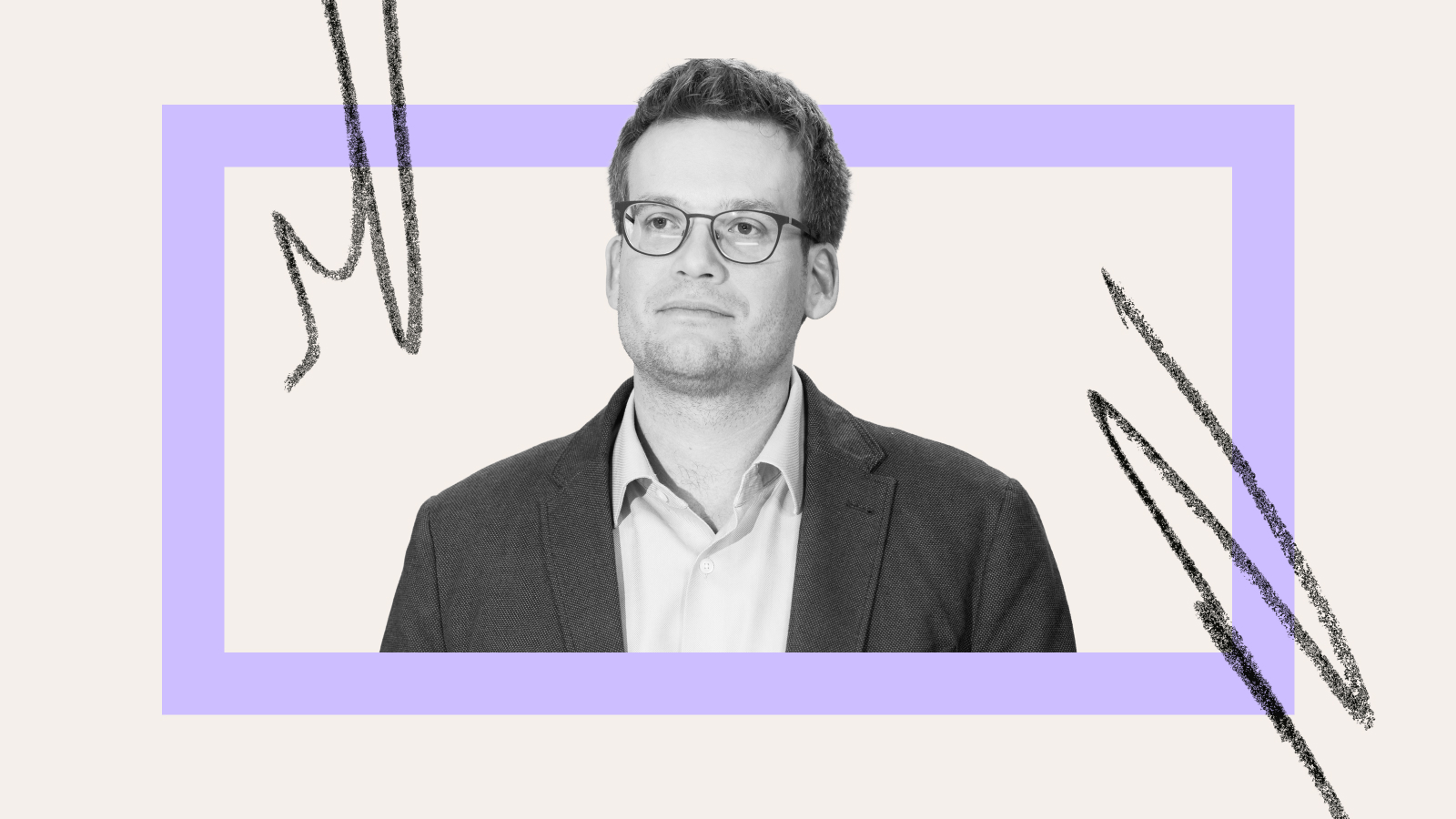 A man in glasses and a suit jacket, resembling John Green, stands in front of a light background with a purple rectangle and abstract black lines.