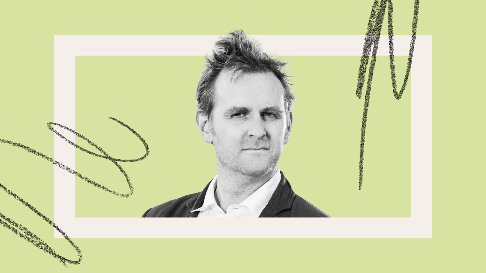 A man in a suit looks at the camera with a neutral expression, set against a light green background with abstract black scribble accents.