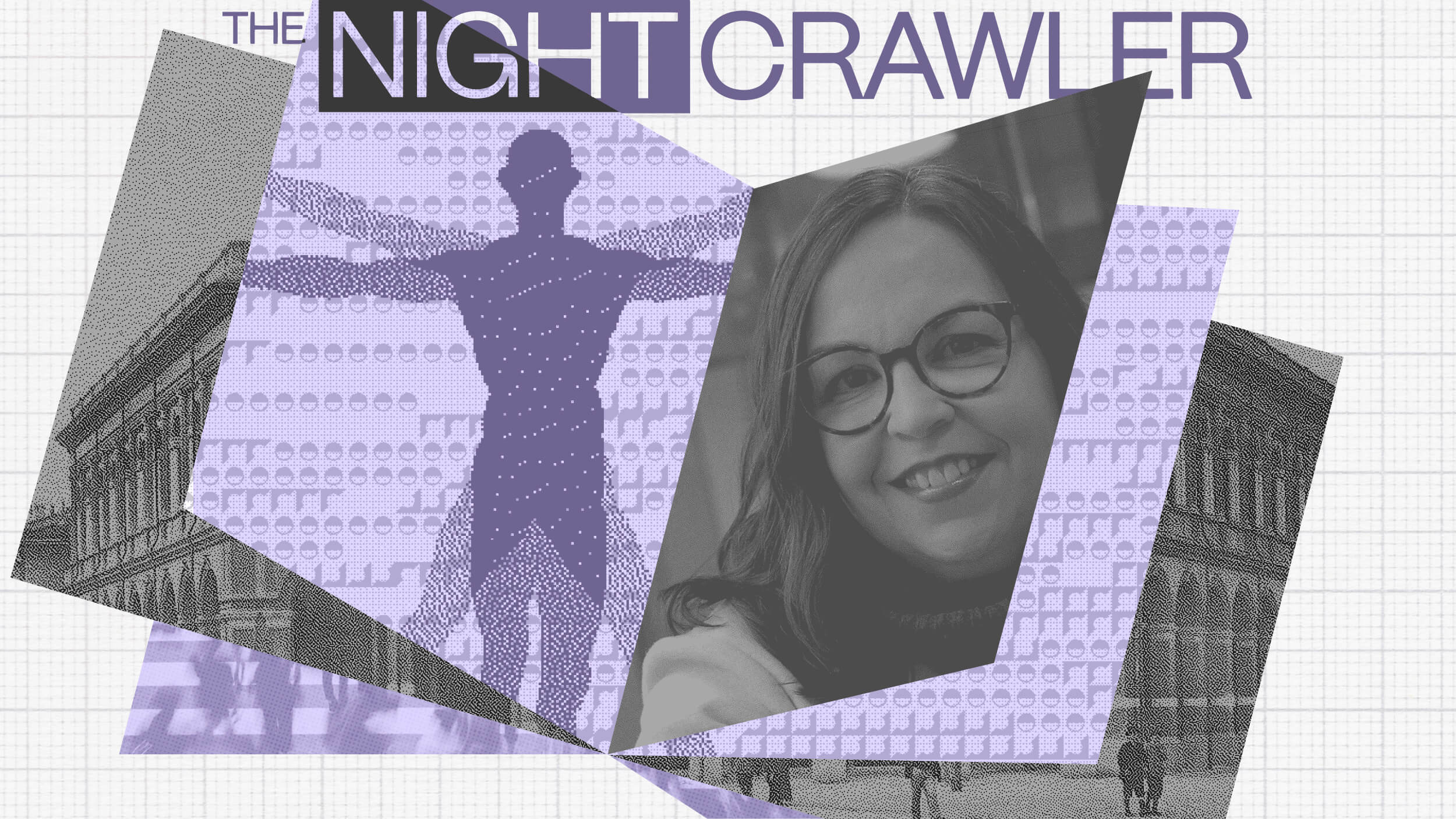 A grayscale collage features a smiling woman, a silhouetted figure with outstretched arms, and the title "The Nightcrawler" at the top. Geometric shapes and architectural sketches, inspired by Shannon Vallor's work, are layered in the background.