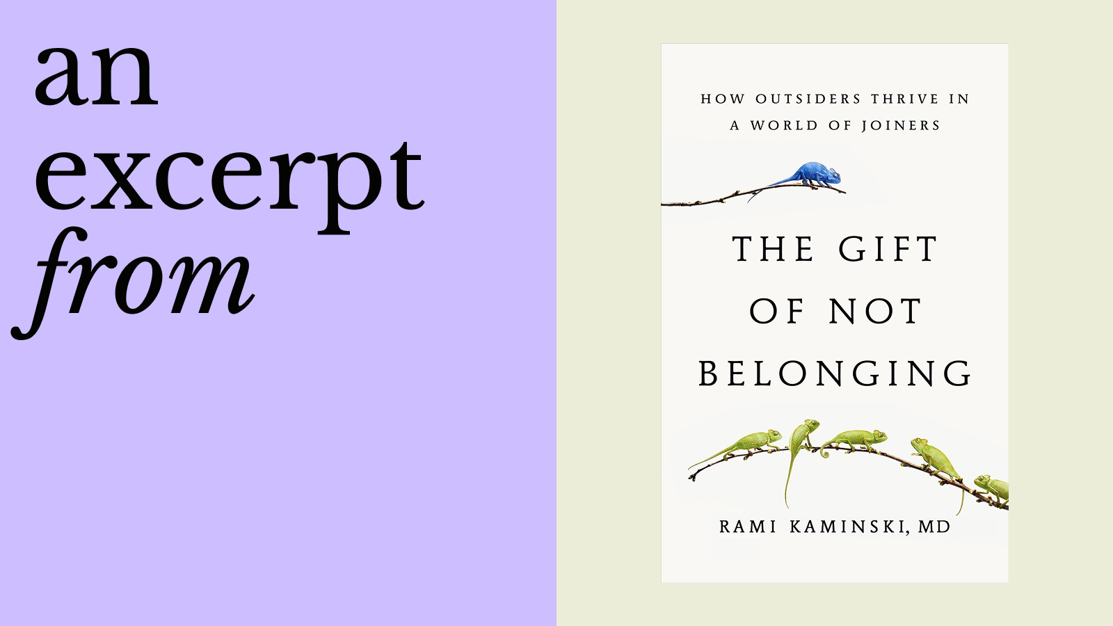 Book cover of "The Gift of Not Belonging" by Rami Kaminski, MD, featuring five birds on a branch and the subtitle “How outsiders and otroverts thrive in a world of joiners.”.