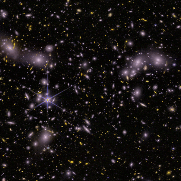 A dense cluster of galaxies and stars is seen against a dark background, with light distortions and a prominent star emitting diffraction spikes—showcasing how JWST discovers how we see the universe in unprecedented detail.