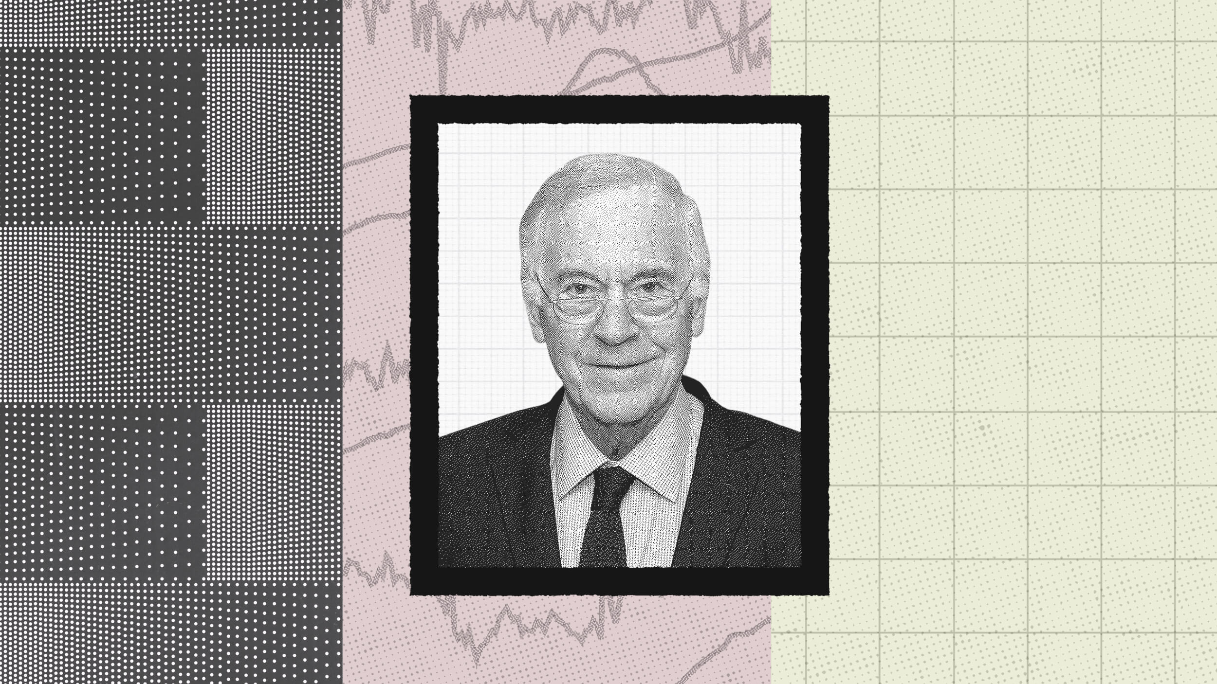 Black-and-white portrait of Steve Hanke, an older man in a suit and glasses, centered on a background with graph lines and dotted patterns.