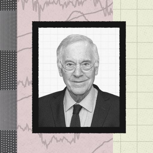 Black-and-white portrait of Steve Hanke, an older man in a suit and glasses, centered on a background with graph lines and dotted patterns.