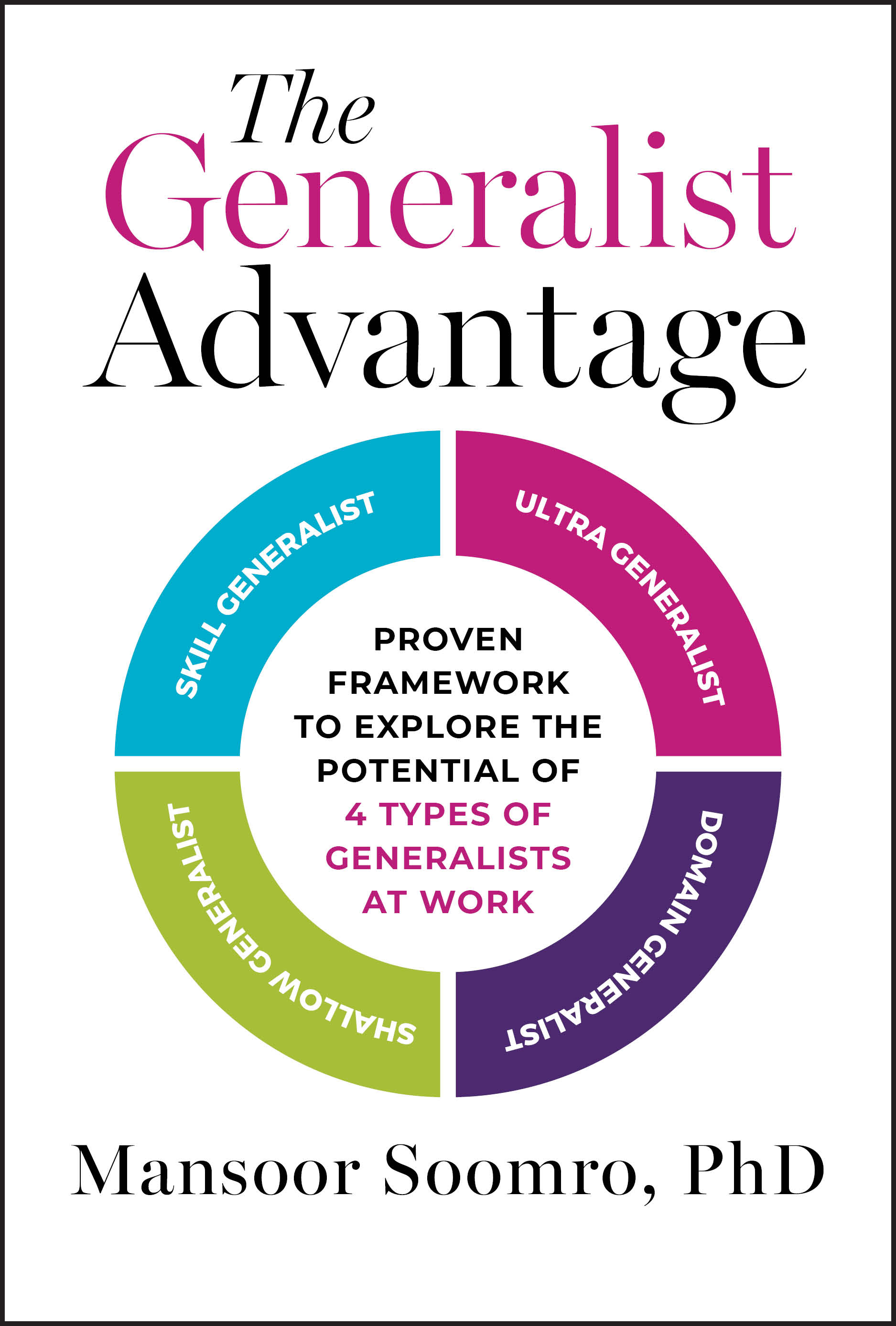 Book cover for "The Generalist Advantage" by Mansoor Soomro, PhD, featuring a circular diagram of four generalist types: ultra, domain, skill, and shallow generalist.