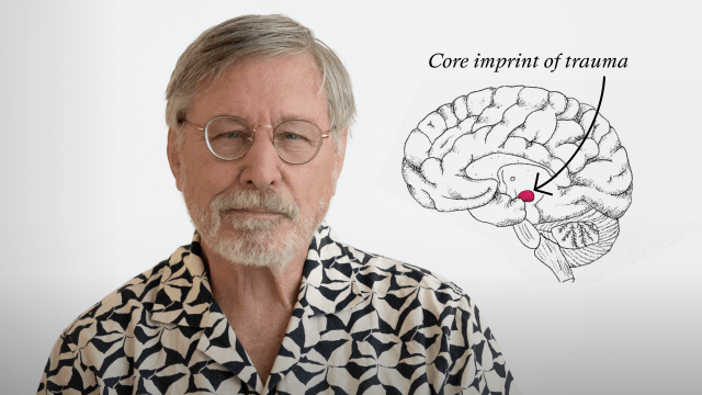 An older man with glasses stands next to a diagram of a brain highlighting the “core imprint of trauma” with a red dot and an arrow.