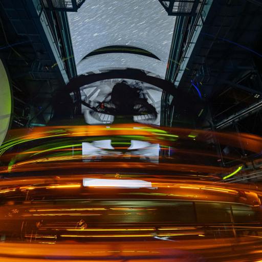 Interior view of a large observatory telescope in operation at night, with orange light trails and a starry sky visible through the open roof.