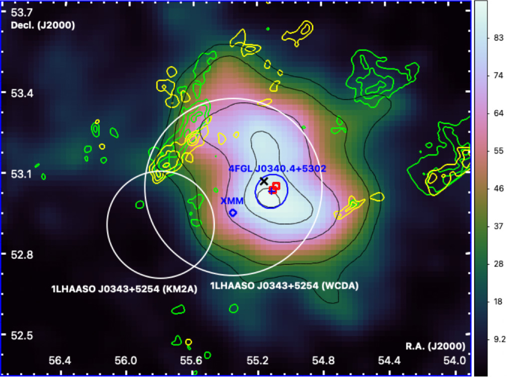 Radio and X-ray map of a sky region, with color-coded intensity contours, object labels, coordinate axes, and an inset scale bar&mdash;helping astronomers trace the highest energy particles in space.
