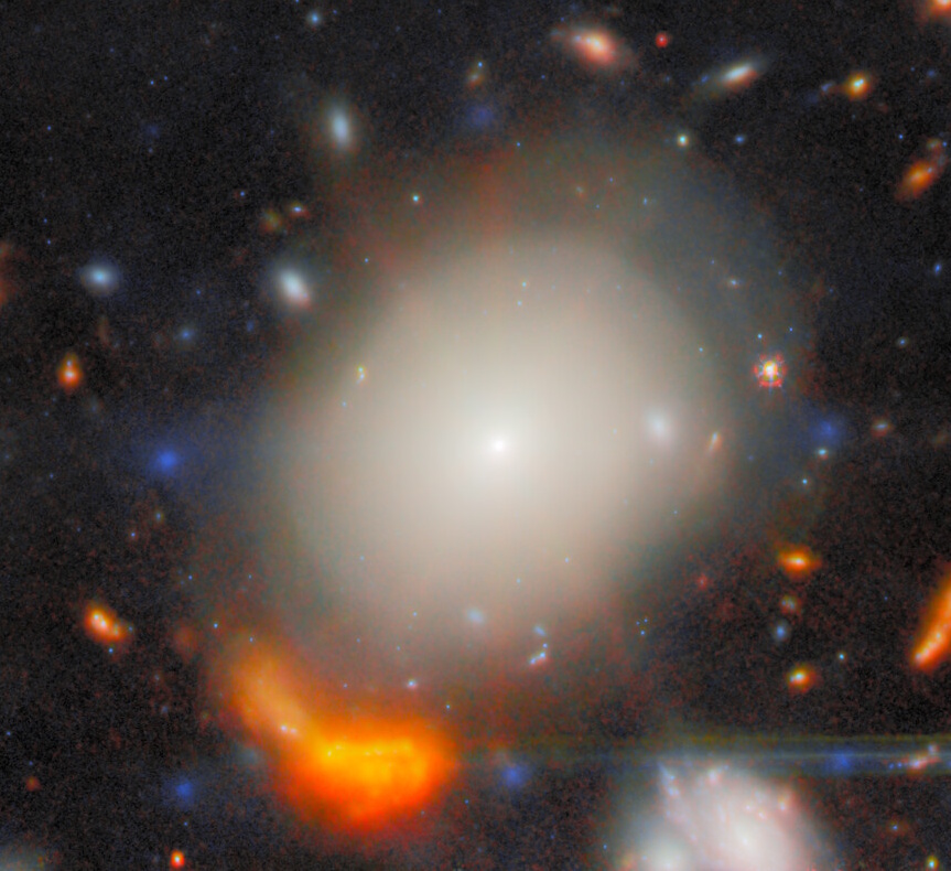 Bright elliptical galaxy, possibly revealed by the JWST, surrounded by smaller galaxies, colorful gas clouds, and shaped by the most extreme gravitational lensing set against a dark space background.