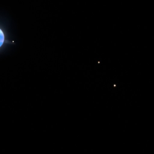 A blue planet with visible rings and several small, bright Uranus moons is set against a darkened black background.