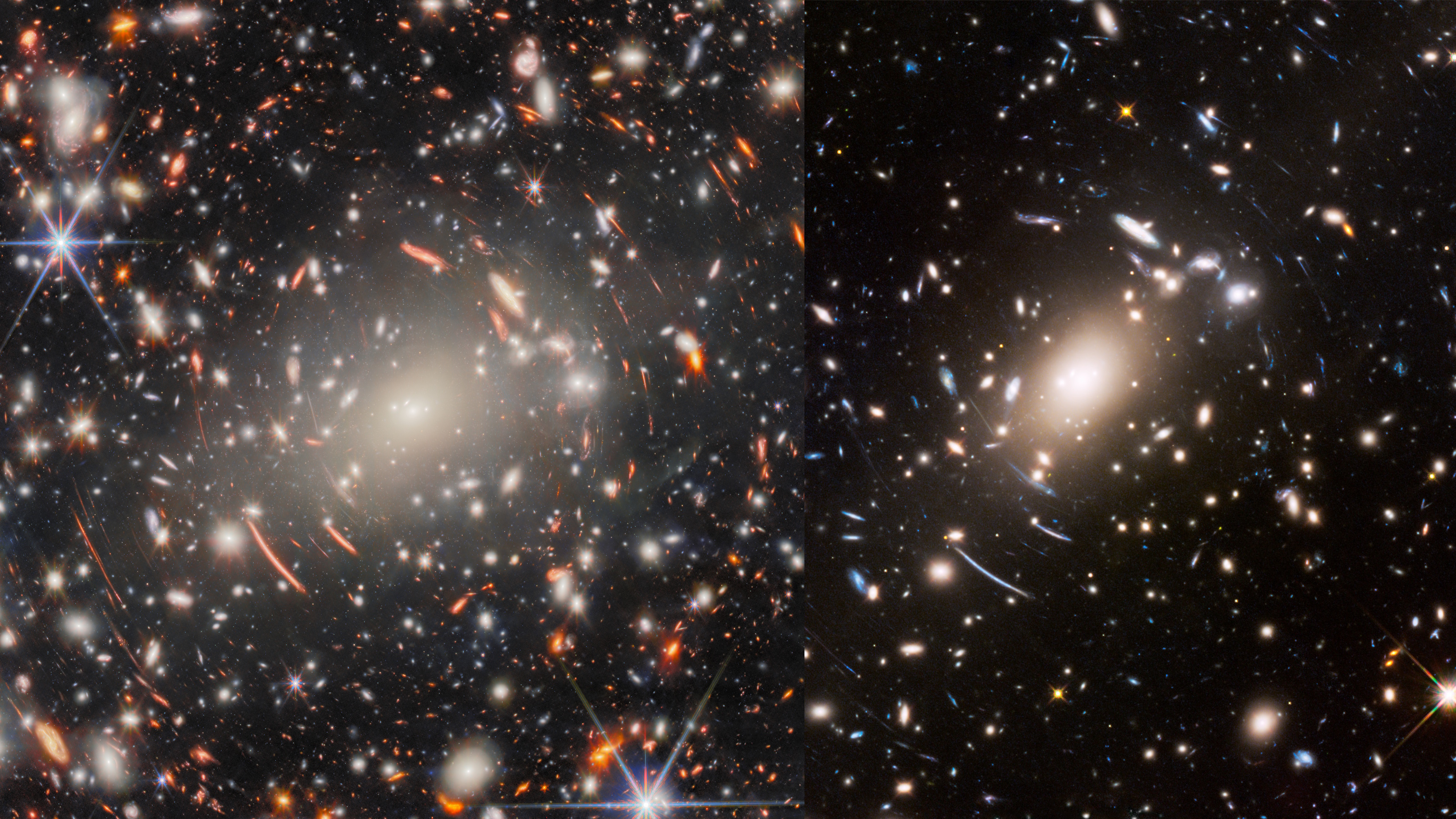 Two side-by-side images of a galaxy cluster in space, captured by JWST, showcase numerous bright galaxies and stars on a dark background&mdash;highlighting one of the most extreme gravitational lens effects ever observed.