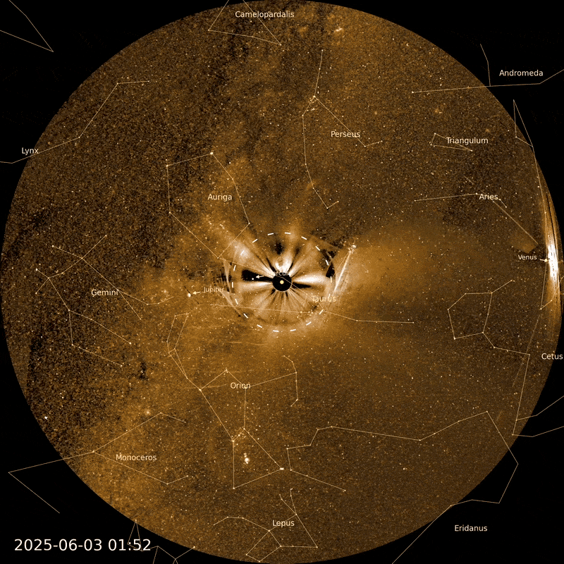 Circular astronomical image showing constellations and celestial objects labeled against a dark sky, reminiscent of a NASA PUNCH video sun corona visualization, with a timestamp of 2025-06-03 01:52 at the bottom left.