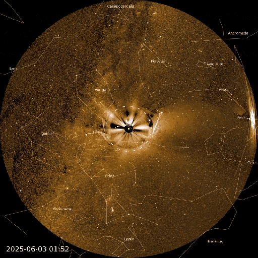 Circular astronomical image showing constellations and celestial objects labeled against a dark sky, reminiscent of a NASA PUNCH video sun corona visualization, with a timestamp of 2025-06-03 01:52 at the bottom left.