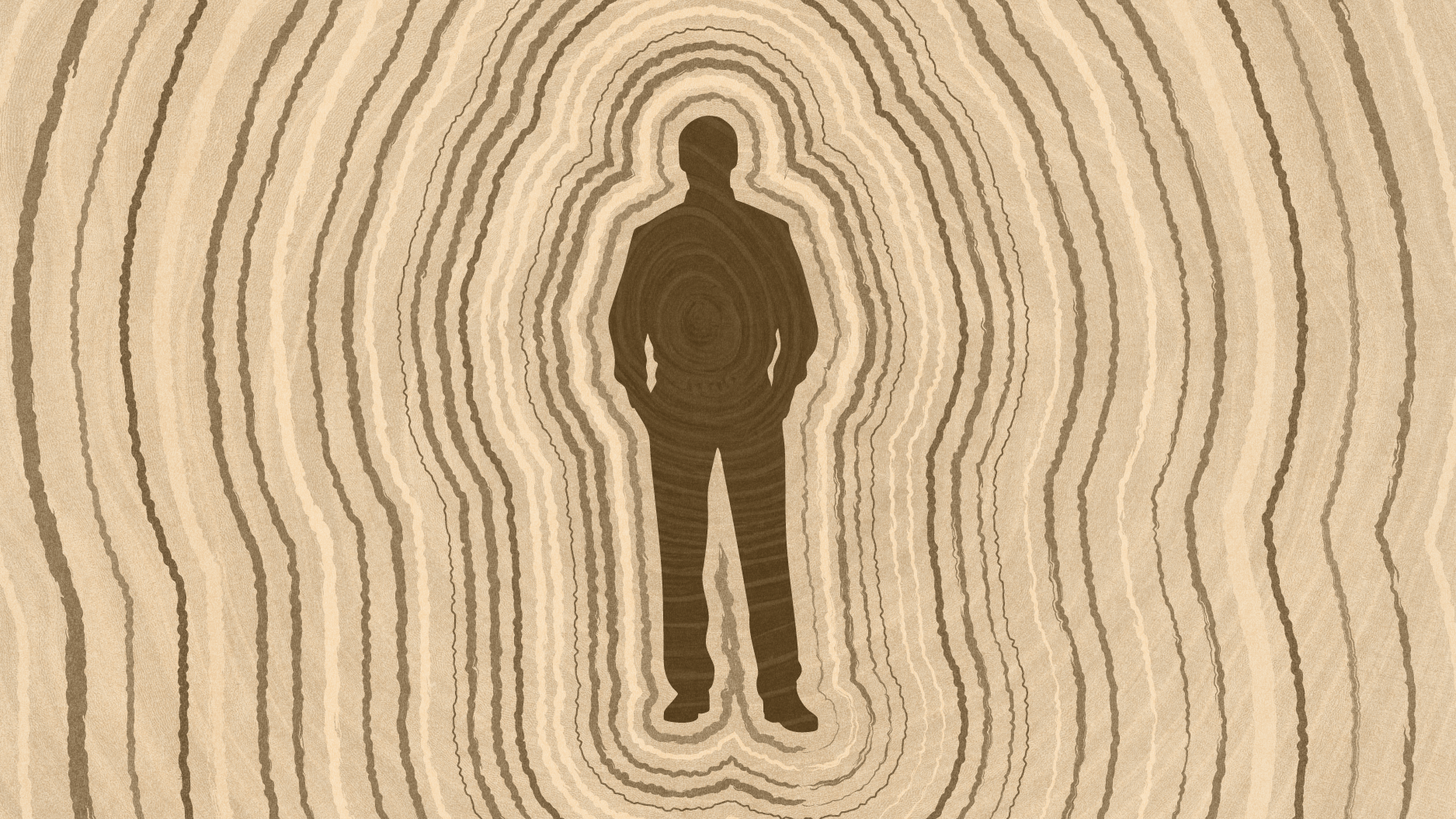 Silhouette of a person standing with hands in pockets, surrounded by concentric oval lines resembling tree rings that symbolize lifespan, in various shades of brown.