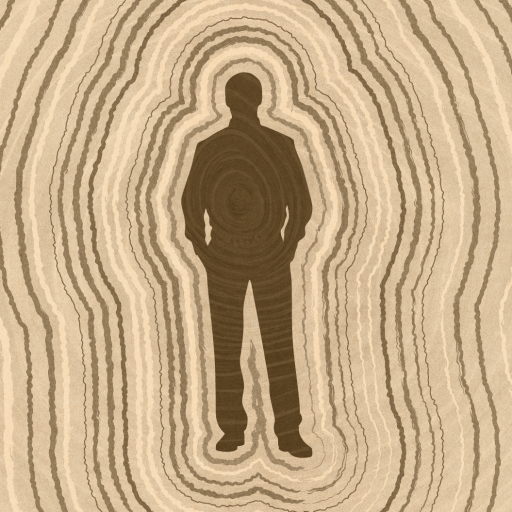 Silhouette of a person standing with hands in pockets, surrounded by concentric oval lines resembling tree rings that symbolize lifespan, in various shades of brown.