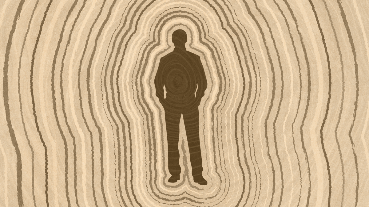 Silhouette of a person standing with hands in pockets, surrounded by concentric oval lines resembling tree rings that symbolize lifespan, in various shades of brown.
