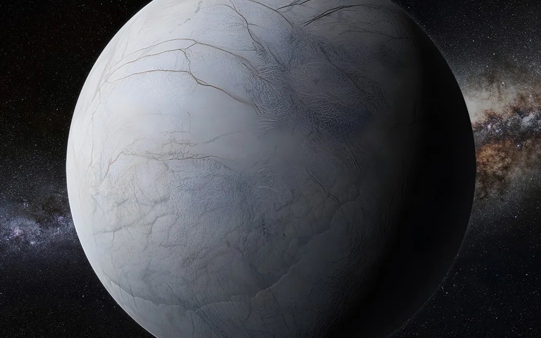 A grey, icy planet or moon with surface cracks is shown against a backdrop of stars and the Milky Way galaxy.